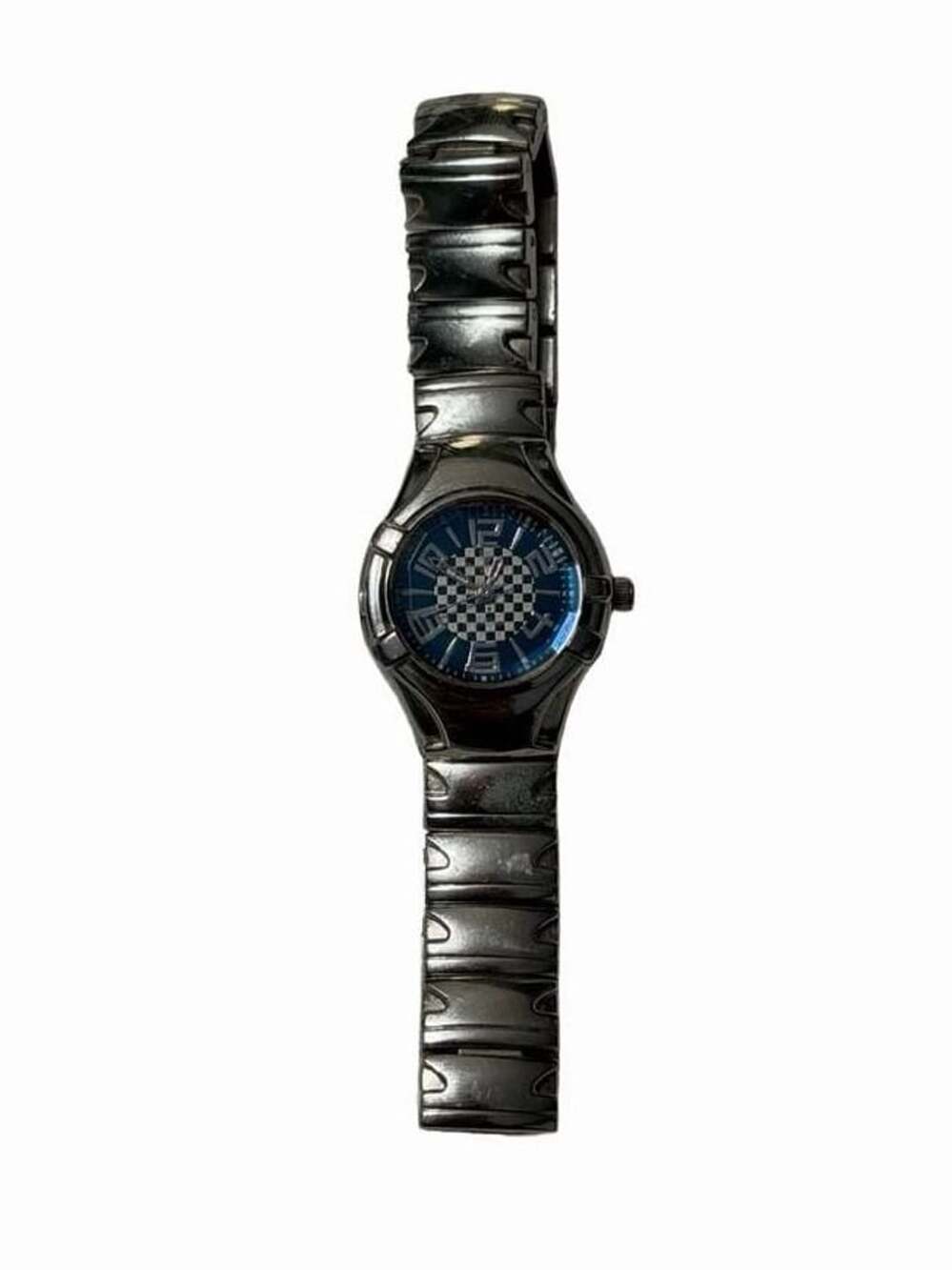 Vintage Charles Dumont Paris Stainless Steel Watch Blue and White Checkered